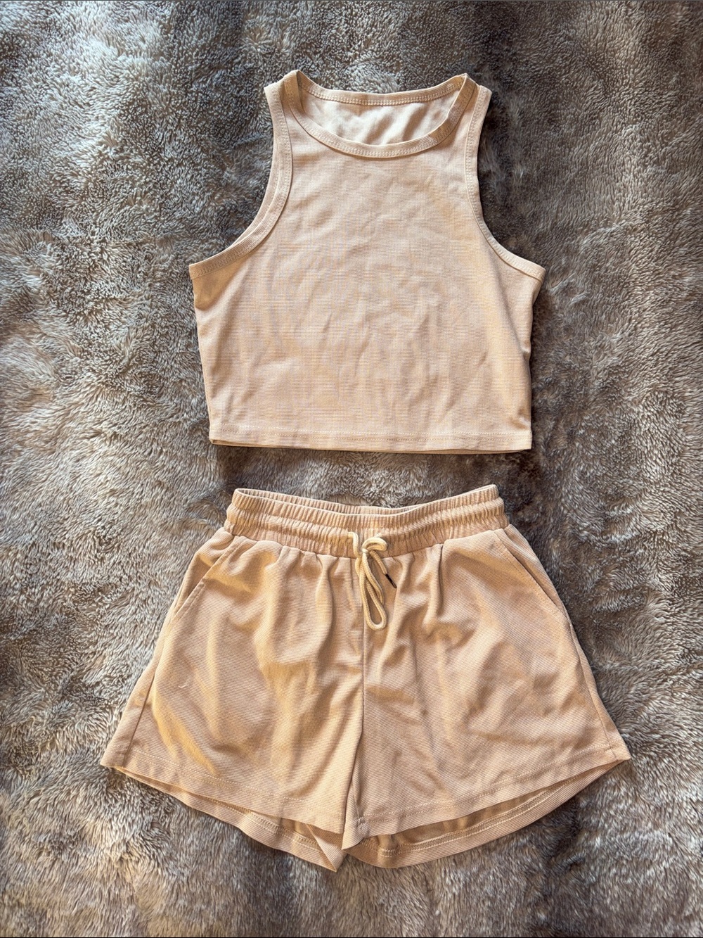SHEIN Beige Ribbed Crop Tank & Drawstring Shorts Set 🍮